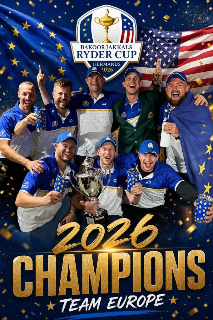 Team Europe celebrating with the trophy after winning the 2026 Bakoorjakkals Ryder Cup in Hermanus